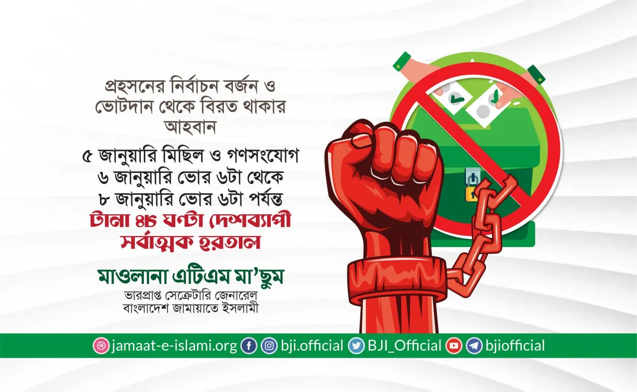 ৫ জানুয়ারি মিছিল ও গণসংযোগ ৬ জানুয়ারি ভোর ৬টা থেকে ৮ জানুয়ারি ভোর ৬টা পর্যন্ত টানা ৪৮ ঘণ্টা দেশব্যাপী সর্বাত্মক হরতাল