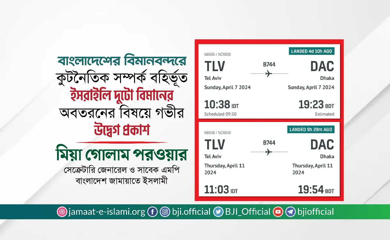 বাংলাদেশের বিমানবন্দরে কূটনৈতিক সম্পর্ক বহির্ভূত ইসরাইলী দুটো বিমানের অবতরণের বিষয়ে গভীর উদ্বেগ প্রকাশ